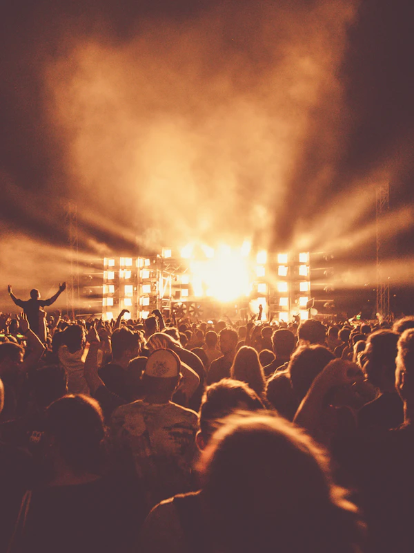 Crowd under colored lights at a live music performance